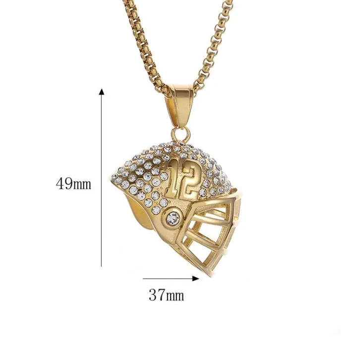 Wholesale BRADY #12 Helmet Pendant Necklace | Hip Hop Iced Out Gold-Plated Titanium Steel Football Jewelry Supplier