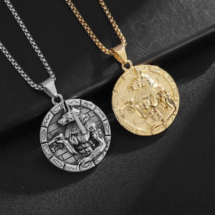 Wholesale Anubis Round Pendant Necklace | Hip Hop Egyptian God Gold Vacuum-Plated Titanium Steel Jewelry Supplier