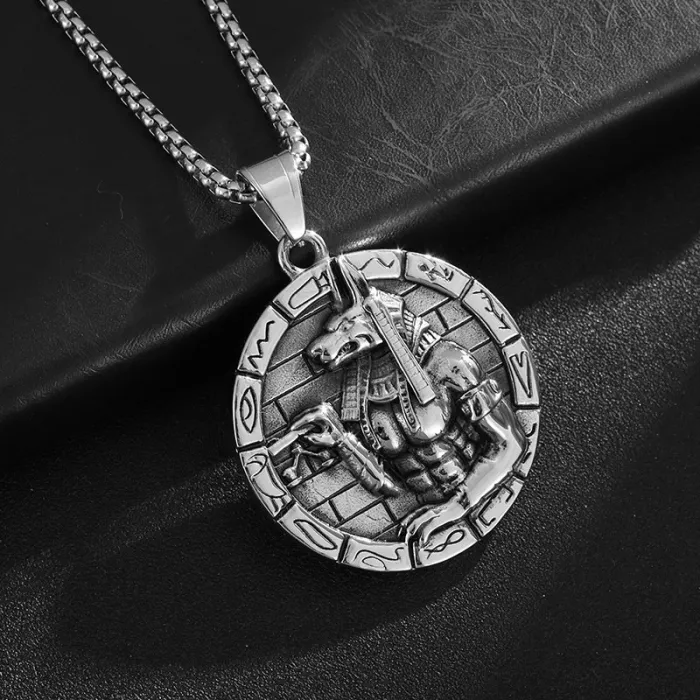 Wholesale Anubis Round Pendant Necklace | Hip Hop Egyptian God Gold Vacuum-Plated Titanium Steel Jewelry Supplier