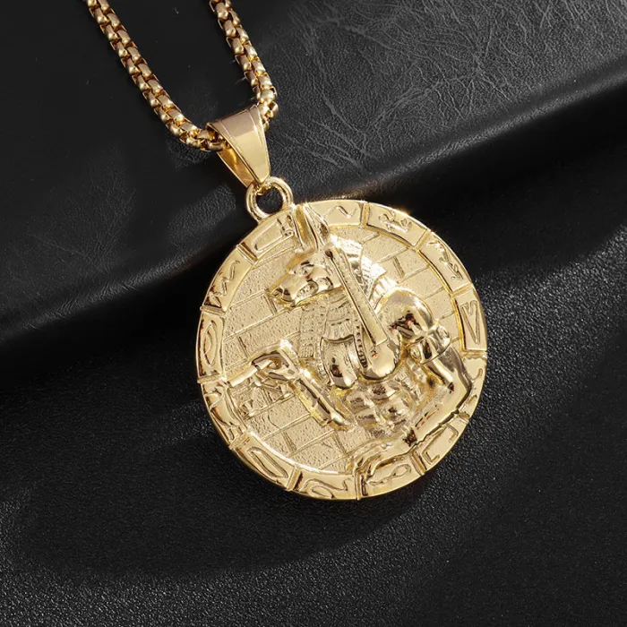 Wholesale Anubis Round Pendant Necklace | Hip Hop Egyptian God Gold Vacuum-Plated Titanium Steel Jewelry Supplier