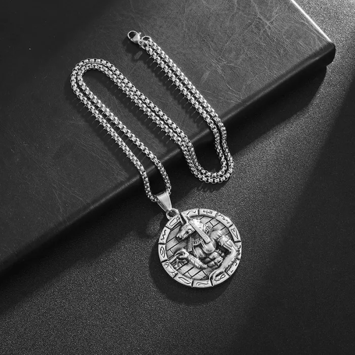 Wholesale Anubis Round Pendant Necklace | Hip Hop Egyptian God Gold Vacuum-Plated Titanium Steel Jewelry Supplier