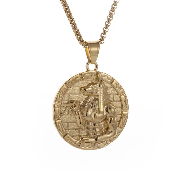 Wholesale Anubis Round Pendant Necklace | Hip Hop Egyptian God Gold Vacuum-Plated Titanium Steel Jewelry Supplier
