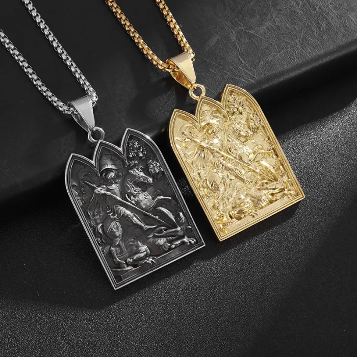 Wholesale Saint George Dragon Slayer Pendant | Hip Hop Medieval Gold Vacuum-Plated Titanium Steel Necklace Supplier
