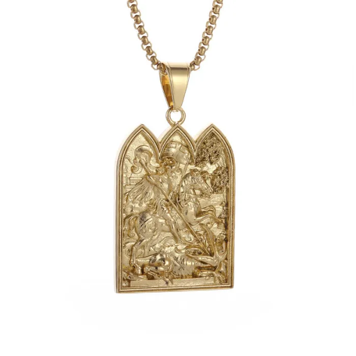 Wholesale Saint George Dragon Slayer Pendant | Hip Hop Medieval Gold Vacuum-Plated Titanium Steel Necklace Supplier
