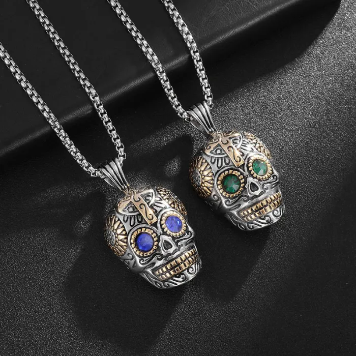 Wholesale Skull Head Pendant Necklace | Punk Vintage Blue Green Eye Vacuum-Plated Stainless Steel Jewelry Supplier