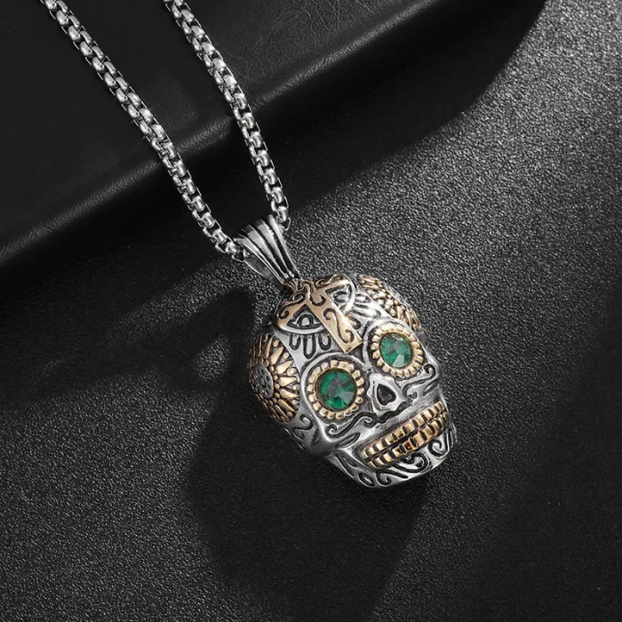 Wholesale Skull Head Pendant Necklace | Punk Vintage Blue Green Eye Vacuum-Plated Stainless Steel Jewelry Supplier