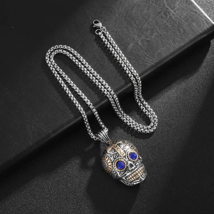 Wholesale Skull Head Pendant Necklace | Punk Vintage Blue Green Eye Vacuum-Plated Stainless Steel Jewelry Supplier