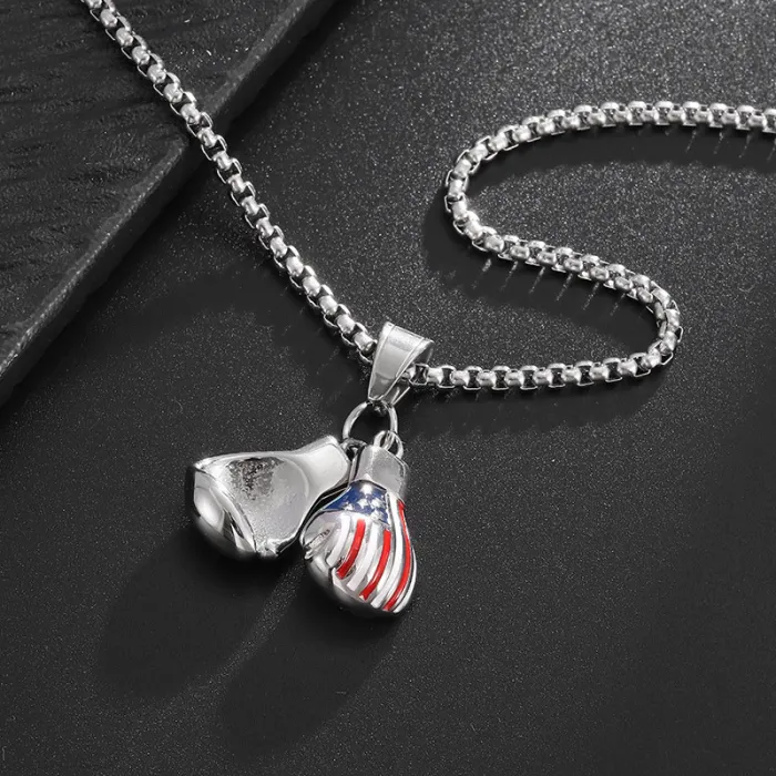 Wholesale USA Flag Boxing Gloves Pendant Necklace | Hip Hop Polished Titanium Steel Epoxy Jewelry Bulk Supplier