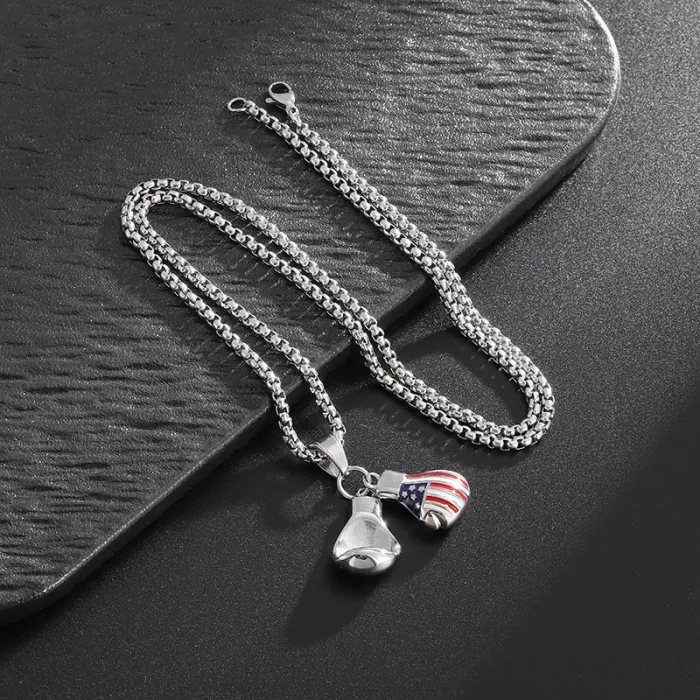 Wholesale USA Flag Boxing Gloves Pendant Necklace | Hip Hop Polished Titanium Steel Epoxy Jewelry Bulk Supplier