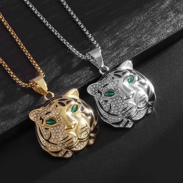 Wholesale Tiger Head Pendant Necklace | New Hip Hop Iced Out Gold-Plated Titanium Steel Jewelry Bulk Supplier