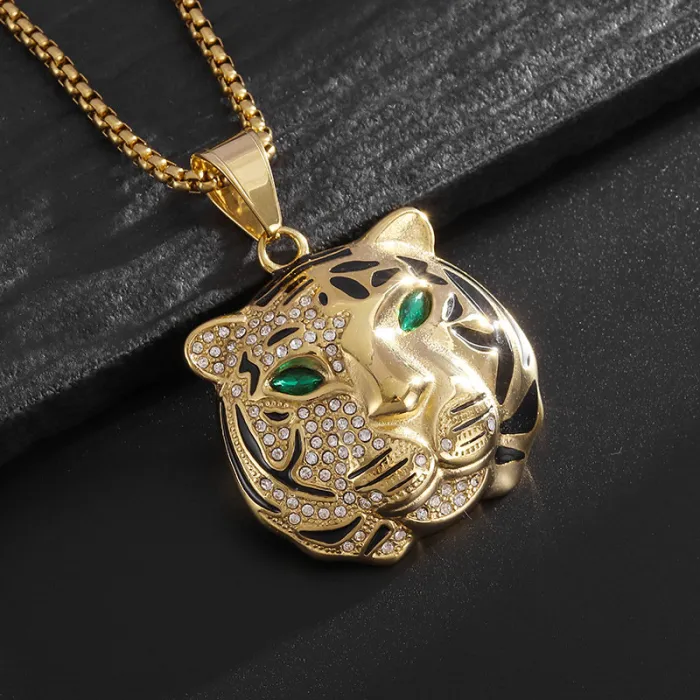 Wholesale Tiger Head Pendant Necklace | New Hip Hop Iced Out Gold-Plated Titanium Steel Jewelry Bulk Supplier