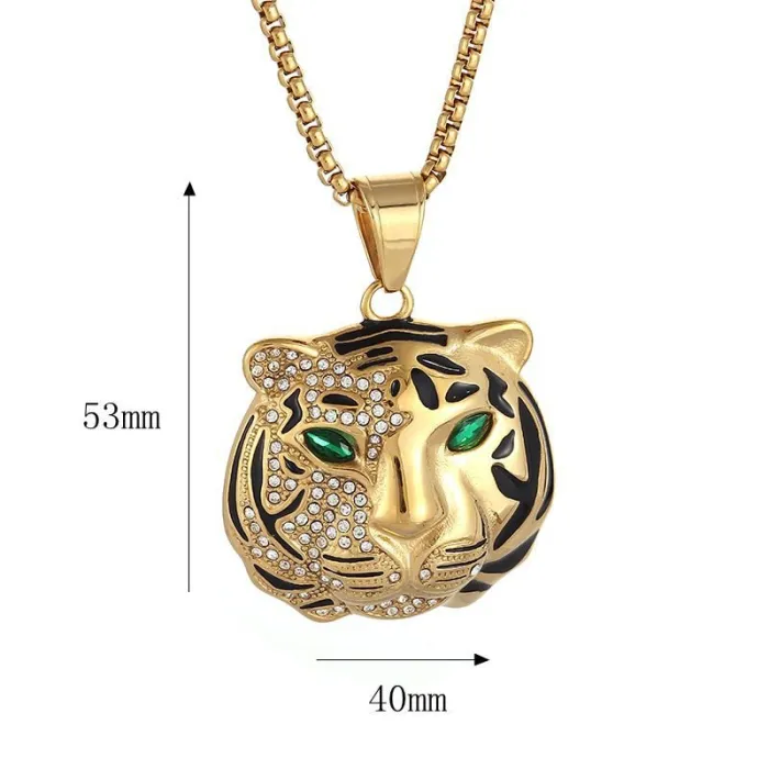 Wholesale Tiger Head Pendant Necklace | New Hip Hop Iced Out Gold-Plated Titanium Steel Jewelry Bulk Supplier