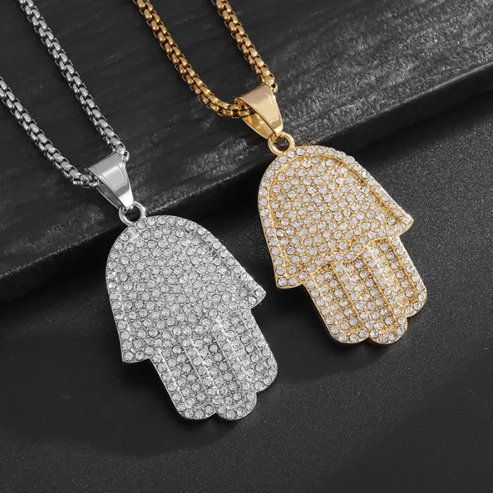 Wholesale Hamsa Hand Pendant Necklace | Hip Hop Iced Out Gold-Plated Titanium Steel Jewelry Bulk Supplier