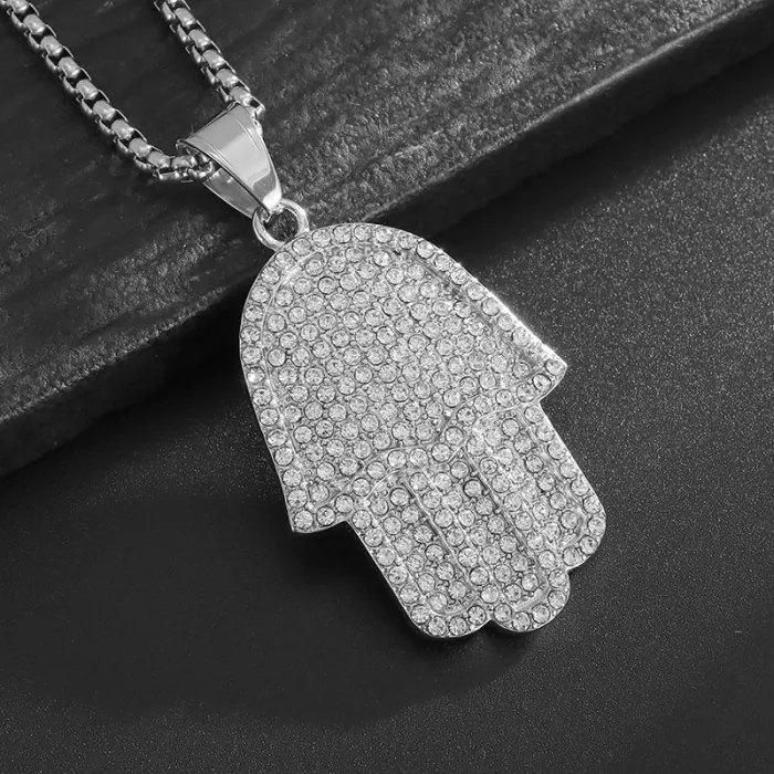 Wholesale Hamsa Hand Pendant Necklace | Hip Hop Iced Out Gold-Plated Titanium Steel Jewelry Bulk Supplier