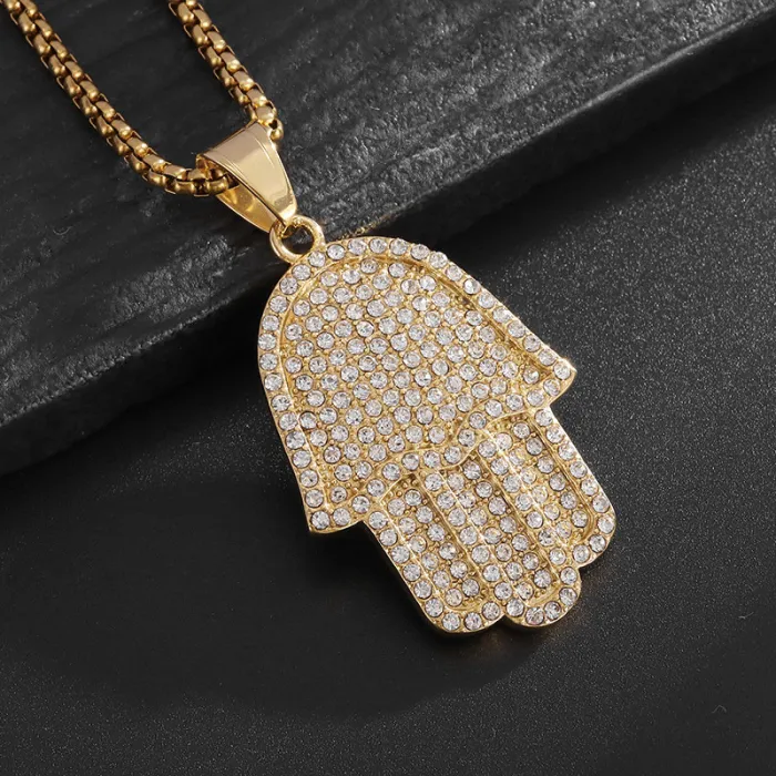 Wholesale Hamsa Hand Pendant Necklace | Hip Hop Iced Out Gold-Plated Titanium Steel Jewelry Bulk Supplier