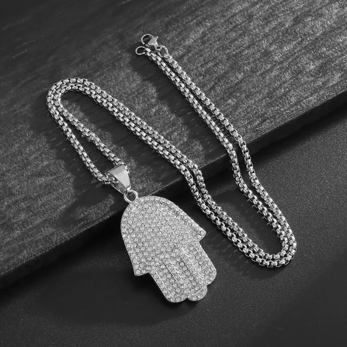 Wholesale Hamsa Hand Pendant Necklace | Hip Hop Iced Out Gold-Plated Titanium Steel Jewelry Bulk Supplier