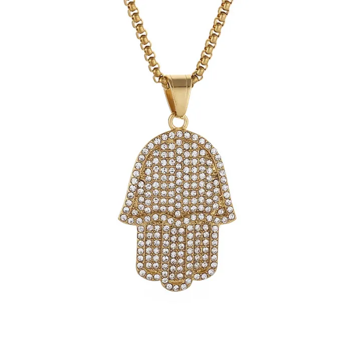 Wholesale Hamsa Hand Pendant Necklace | Hip Hop Iced Out Gold-Plated Titanium Steel Jewelry Bulk Supplier