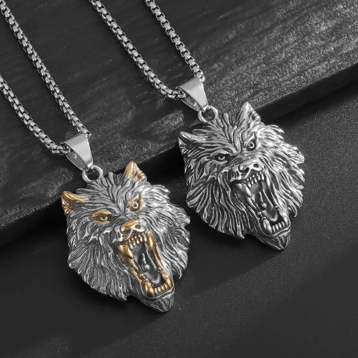 Wholesale Fenrir Wolf Head Pendant Necklace | Viking Polished Vintage Gold Stainless Steel Jewelry Bulk Supplier