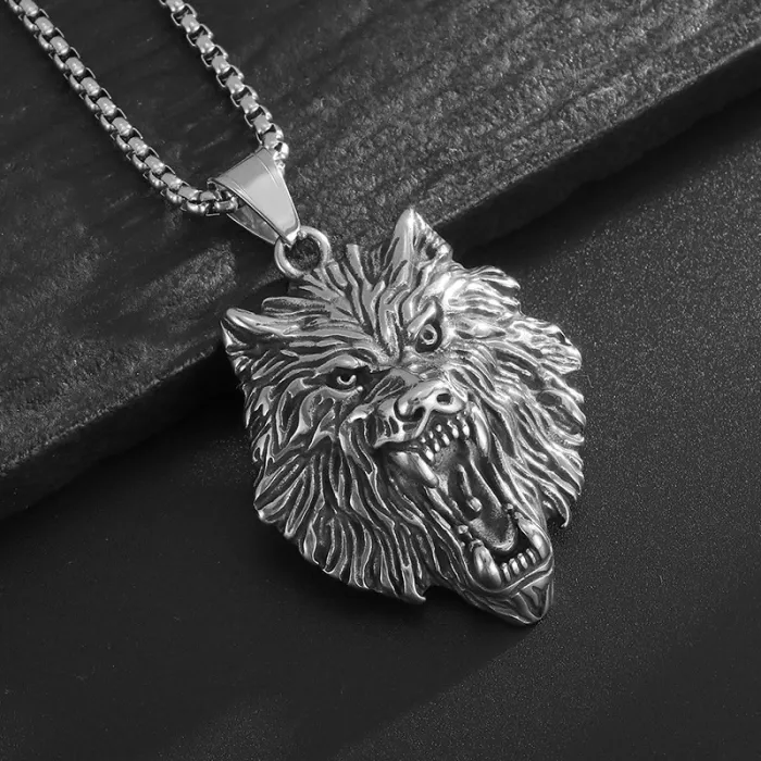 Wholesale Fenrir Wolf Head Pendant Necklace | Viking Polished Vintage Gold Stainless Steel Jewelry Bulk Supplier