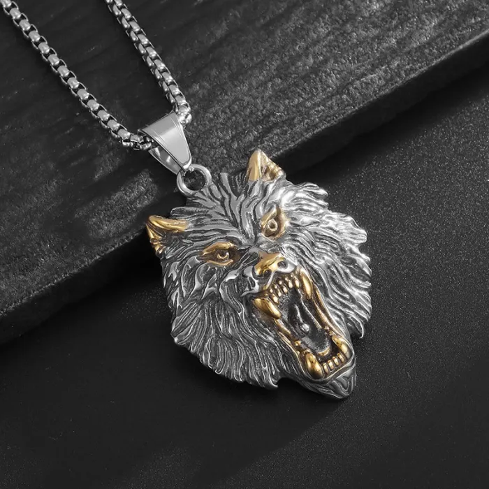 Wholesale Fenrir Wolf Head Pendant Necklace | Viking Polished Vintage Gold Stainless Steel Jewelry Bulk Supplier