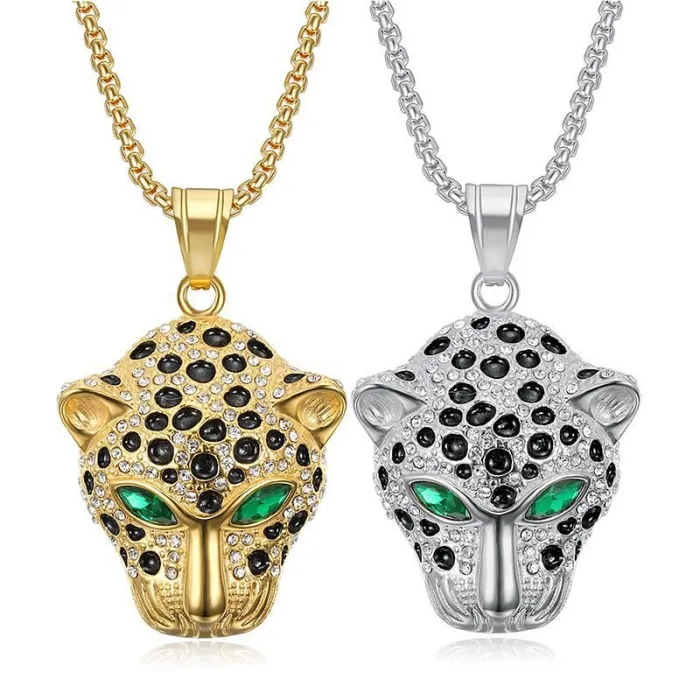 Wholesale Leopard Head Pendant Necklace | Hip Hop Green & Red Eye Stainless Steel Jewelry Bulk Supplier