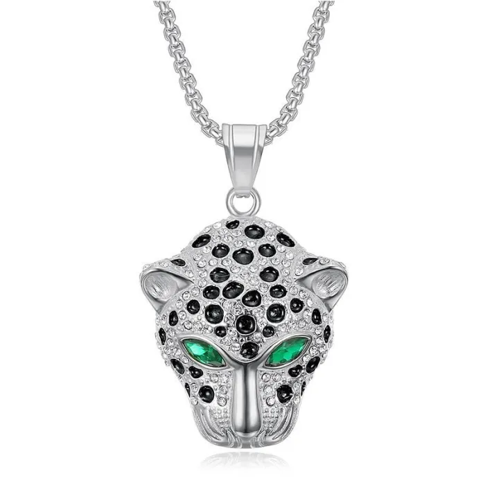 Wholesale Leopard Head Pendant Necklace | Hip Hop Green & Red Eye Stainless Steel Jewelry Bulk Supplier