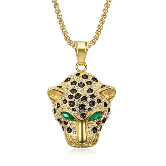 Wholesale Leopard Head Pendant Necklace | Hip Hop Green & Red Eye Stainless Steel Jewelry Bulk Supplier