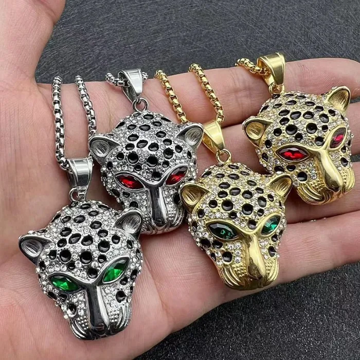 Wholesale Leopard Head Pendant Necklace | Hip Hop Green & Red Eye Stainless Steel Jewelry Bulk Supplier