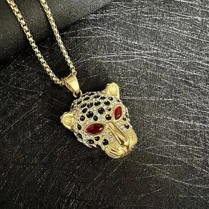 Wholesale Leopard Head Pendant Necklace | Hip Hop Green & Red Eye Stainless Steel Jewelry Bulk Supplier