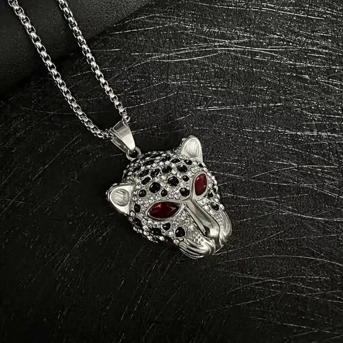 Wholesale Leopard Head Pendant Necklace | Hip Hop Green & Red Eye Stainless Steel Jewelry Bulk Supplier