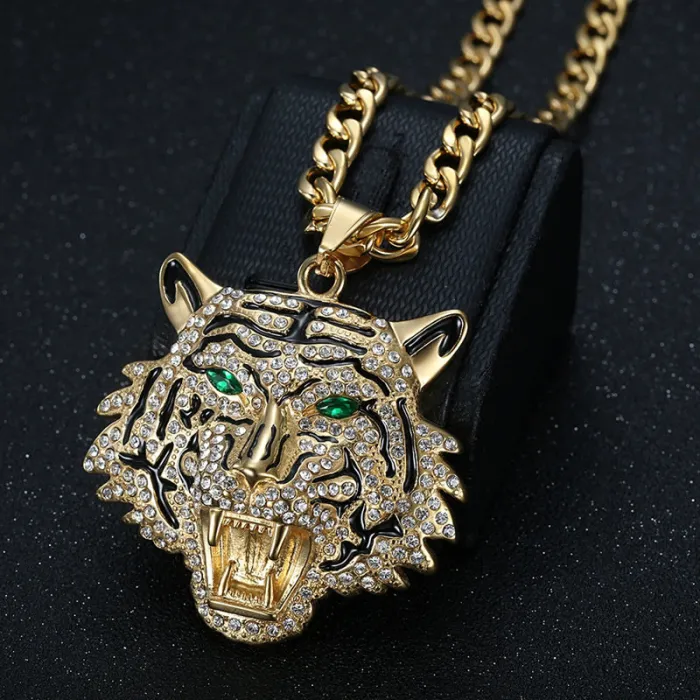 Wholesale Tiger Head Bottle Opener Pendant Necklace | Hip Hop Iced Out Gold-Plated Stainless Steel Jewelry Supplier