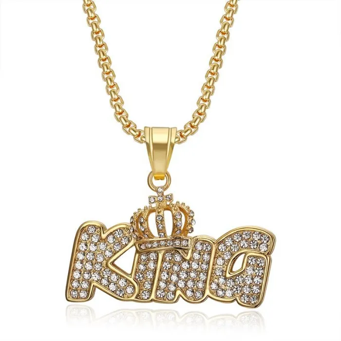 Wholesale KING Crown Pendant Necklace | Hip Hop Iced Out Gold-Plated Titanium Steel Letter Jewelry Bulk Supplier
