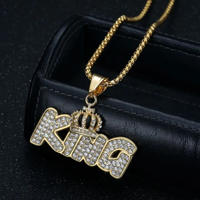 Wholesale KING Crown Pendant Necklace | Hip Hop Iced Out Gold-Plated Titanium Steel Letter Jewelry Bulk Supplier