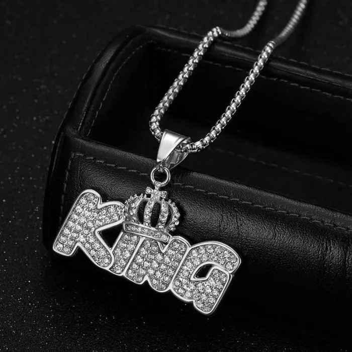 Wholesale KING Crown Pendant Necklace | Hip Hop Iced Out Gold-Plated Titanium Steel Letter Jewelry Bulk Supplier