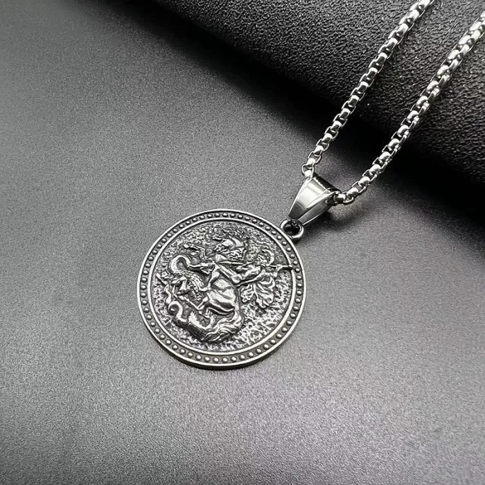 Wholesale Vintage Titanium Steel Saint George Dragon Slayer Pendant Necklace | Bulk Supplier & Factory Price