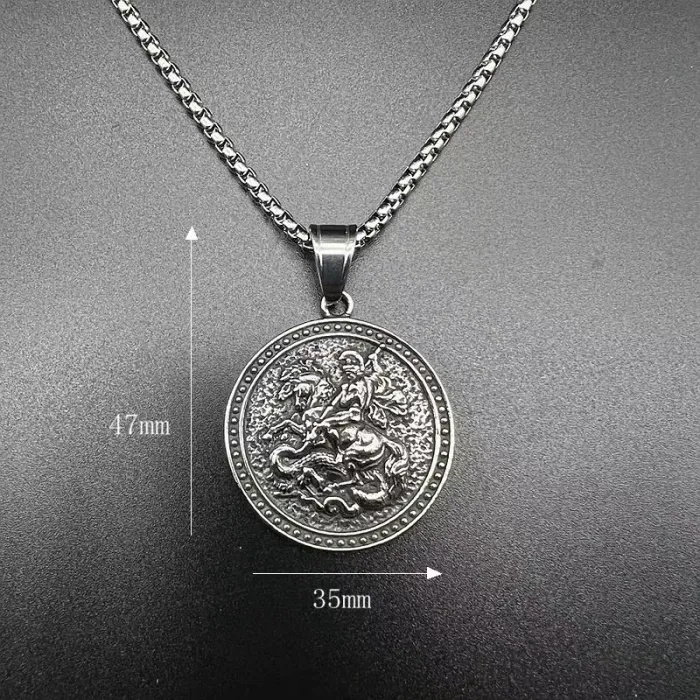 Wholesale Vintage Titanium Steel Saint George Dragon Slayer Pendant Necklace | Bulk Supplier & Factory Price