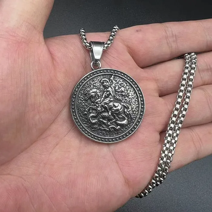 Wholesale Vintage Titanium Steel Saint George Dragon Slayer Pendant Necklace | Bulk Supplier & Factory Price