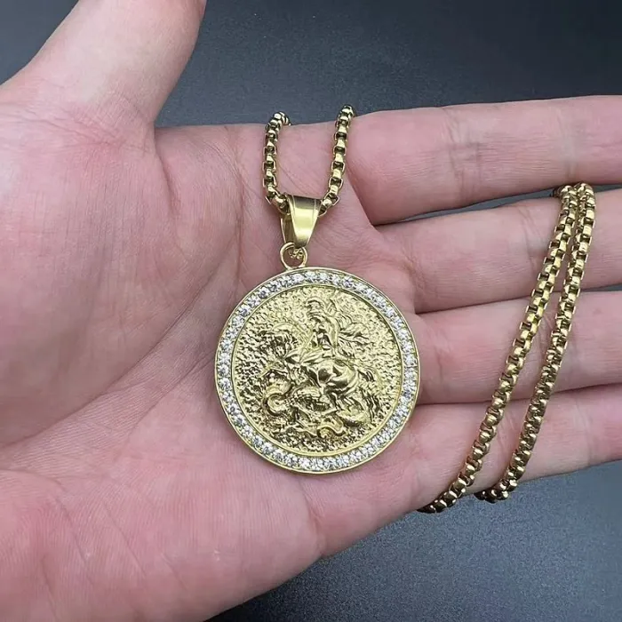 Wholesale Vintage Titanium Steel Saint George Dragon Slayer Pendant Necklace | Bulk Supplier & Factory Price