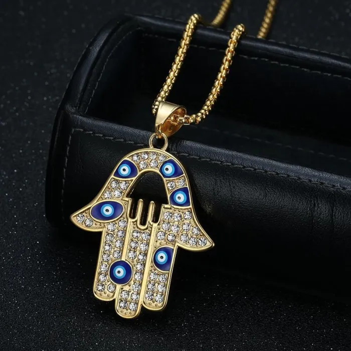 Wholesale Hip Hop Gold Plated Evil Eye Hamsa Pendant Necklace | Titanium Steel Bulk Supplier & Factory Price
