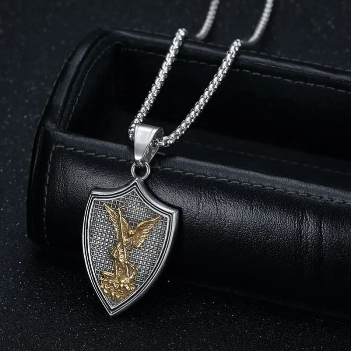 Wholesale Vintage Gold Plated Saint Michael Shield Pendant Necklace | Titanium Steel Bulk Supplier & Factory Price
