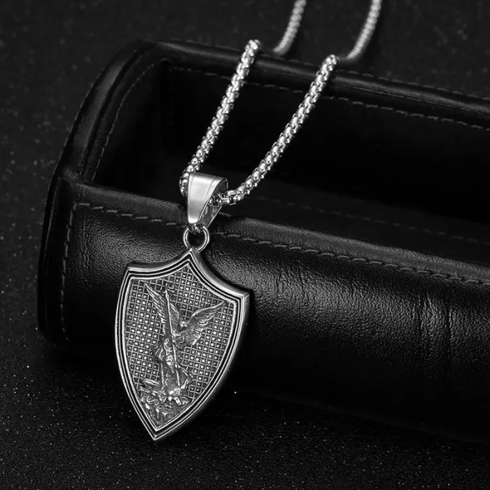 Wholesale Vintage Gold Plated Saint Michael Shield Pendant Necklace | Titanium Steel Bulk Supplier & Factory Price