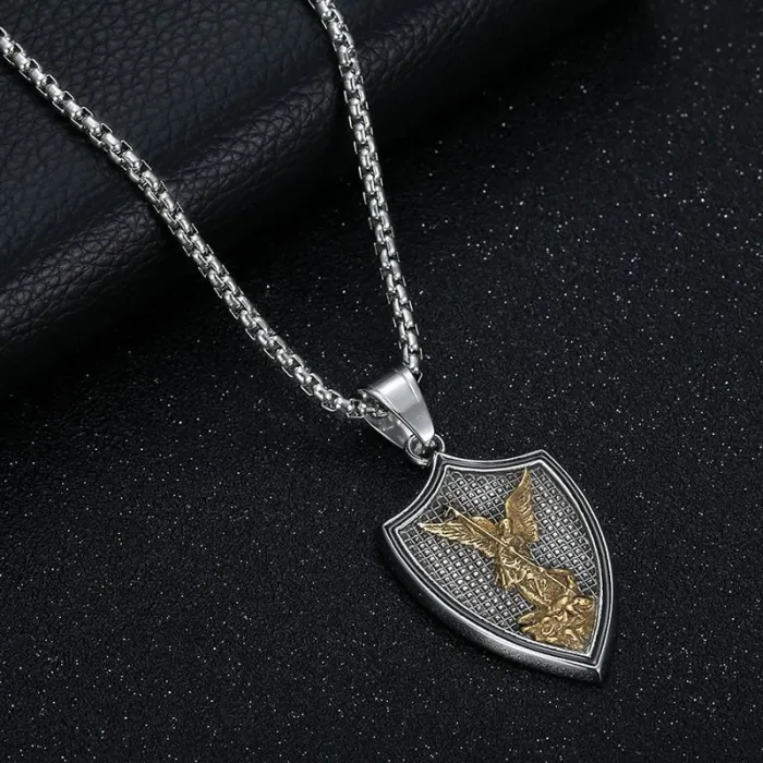 Wholesale Vintage Gold Plated Saint Michael Shield Pendant Necklace | Titanium Steel Bulk Supplier & Factory Price