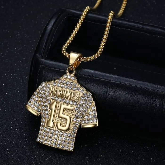 Wholesale Hip Hop Gold Plated NFL Quarterback #15 Mahomes Jersey Pendant Necklace | Titanium Steel Bulk Supplier & Factory Price