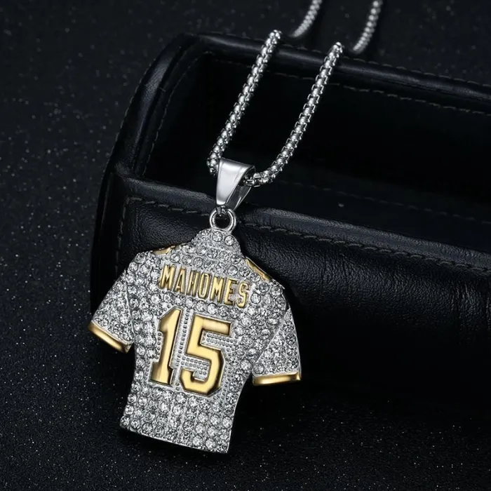 Wholesale Hip Hop Gold Plated NFL Quarterback #15 Mahomes Jersey Pendant Necklace | Titanium Steel Bulk Supplier & Factory Price