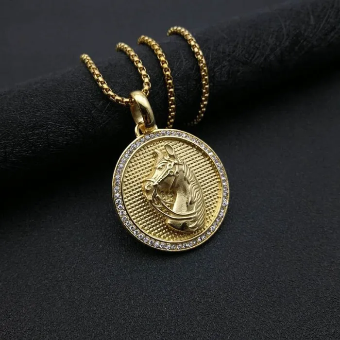 Wholesale Gold Plated Titanium Steel Horse Head Round Pendant Necklace – Hip Hop Iced Out Jewelry Bulk Supplier Factory Price