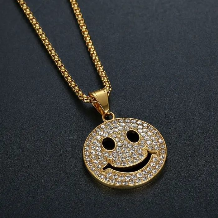 Wholesale Gold Plated Titanium Steel Smiley Face Pendant Necklace – Hip Hop Iced Out Jewelry Bulk Supplier Factory Price