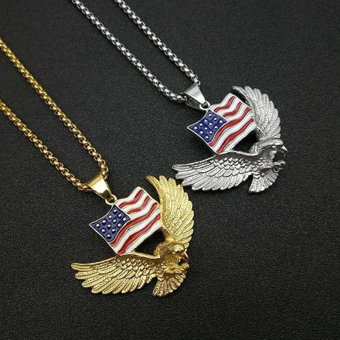 Wholesale Gold Plated Titanium Steel Eagle Pendant Necklace with Enamel National Flag – Hip Hop Jewelry Bulk Supplier Factory Price