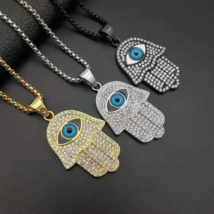 Wholesale Gold Plated Titanium Steel Hamsa Hand Pendant Necklace – Hip Hop Iced Out Jewelry Bulk Supplier Factory Price