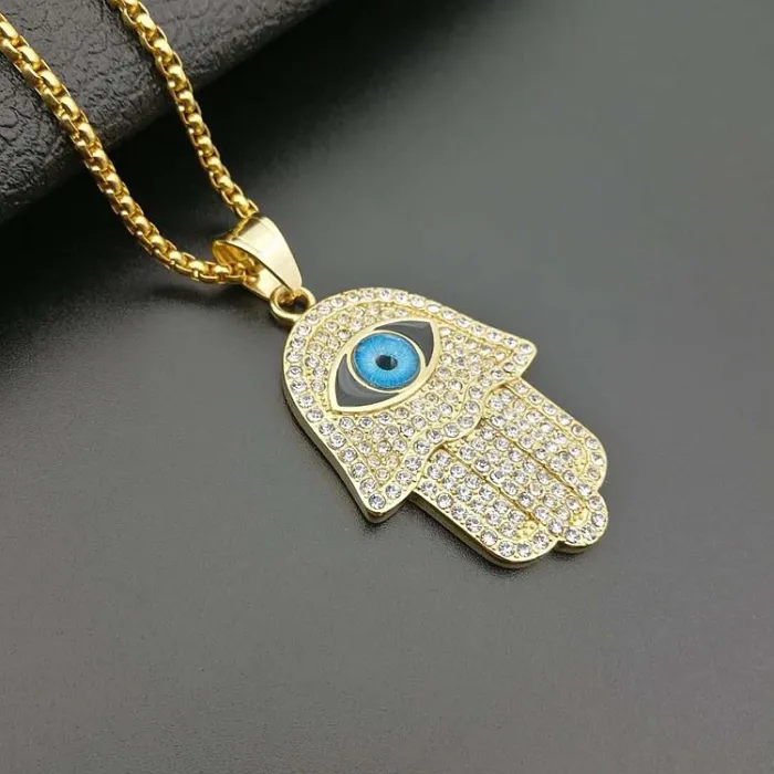 Wholesale Gold Plated Titanium Steel Hamsa Hand Pendant Necklace – Hip Hop Iced Out Jewelry Bulk Supplier Factory Price