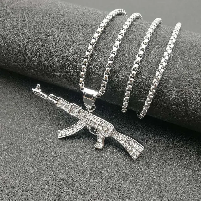 Wholesale Hip Hop Gold AK47 Pendant Necklace – Stainless Steel Rhinestone Jewelry Factory Price